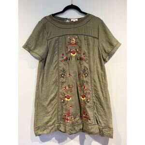 Umgee Embroidered Boho Tunic Dress Olive Green Size L